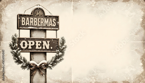 Vintage barber sign decorated for Christmas with wreath and bow  
