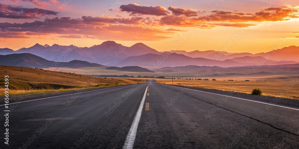 Naklejka premium Sunset Highway Vibrant Landscape Photography, Open Road, Mountain Range, Golden Hour, Travel, Adventure Keywords Landscape, Photography