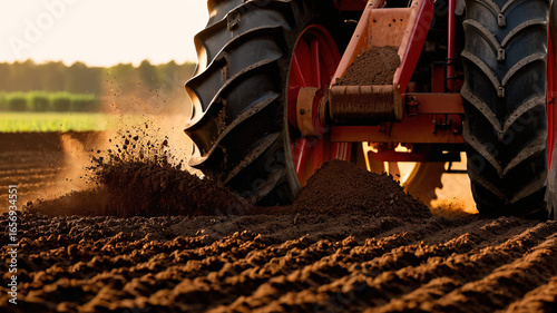 High-speed macro capture of soil clods flying as tractor plows the field, realistic, photorealistic stock concept
