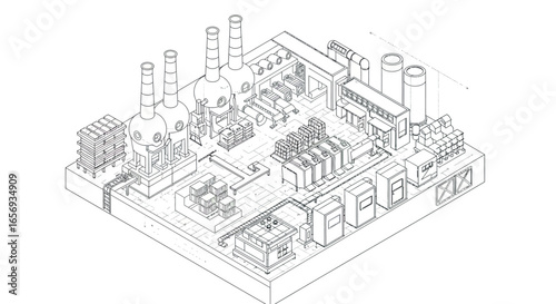 Isometric industrial factory blueprint with detailed machinery and production lines