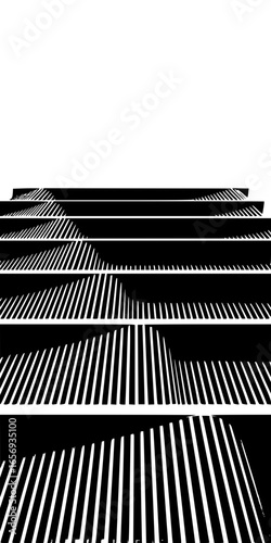 Abstract black and white perspective of parallel lines forming a layered geometric pattern design element