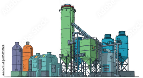 Industrial complex with silo towers and machinery in colorful line art style