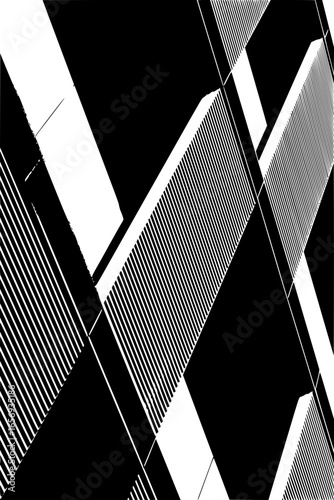 Abstract monochrome composition featuring geometric shapes and parallel lines creating a dynamic pattern