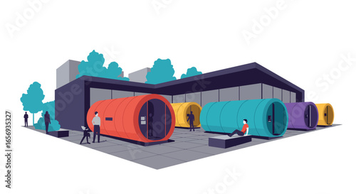 Modern tiny office pods with people in a vibrant urban setting