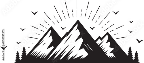 Mountain Range Silhouette with Sunburst and Birds Vector Illustration