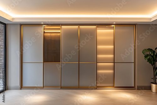 A stylish built-in wardrobe with frosted glass sliding doors and subtle gold trim detailing 