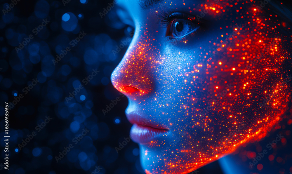 Side profile of human face illuminated by glowing red and orange particles against deep blue background close up digital abstract portrait Side profile of human face illuminated by glowing red and orange particles against deep blue background close up digital abstract portrait
