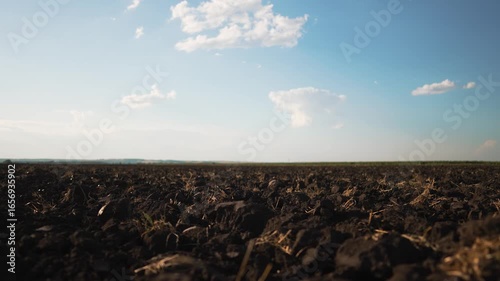 Low angle view plowed soil across field under sky with cloud and distant horizon line showing earth and dirt texture for farm and agriculture use highlighting rich soil and open landscape detail