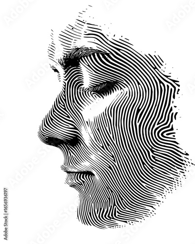 Detailed abstract portrait of a person in profile created with black and white parallel lines art style