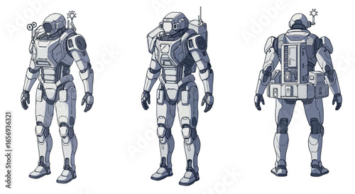 Futuristic robot exosuit in detailed line art with three different views