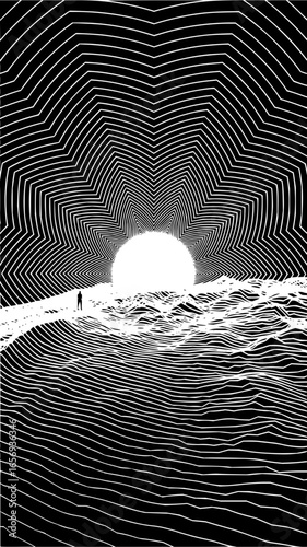 A lone figure stands on a horizon under a sun with radiating lines in a black and white landscape