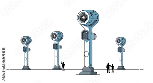 Futuristic telescope silhouettes with observing figures in minimalist style