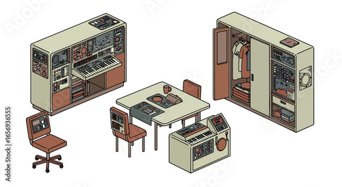 Retro isometric office with vintage technology and furniture