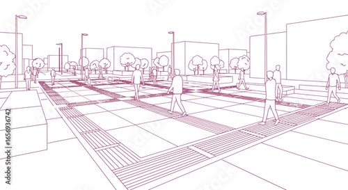 Monochrome urban street scene with walking people in linear style
