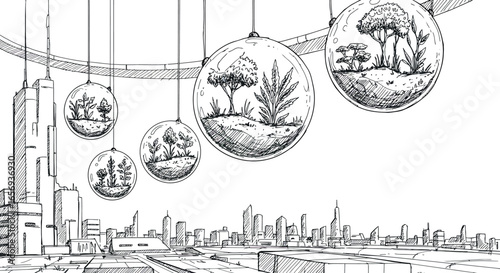 Futuristic skyscraper cityscape with hanging botanical glass terrariums