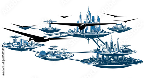 Futuristic floating cities with airplane silhouettes in urban sci-fi landscape