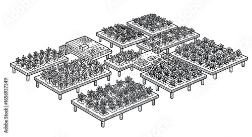 Isometric sustainable hydroponic farm design with modular plant beds