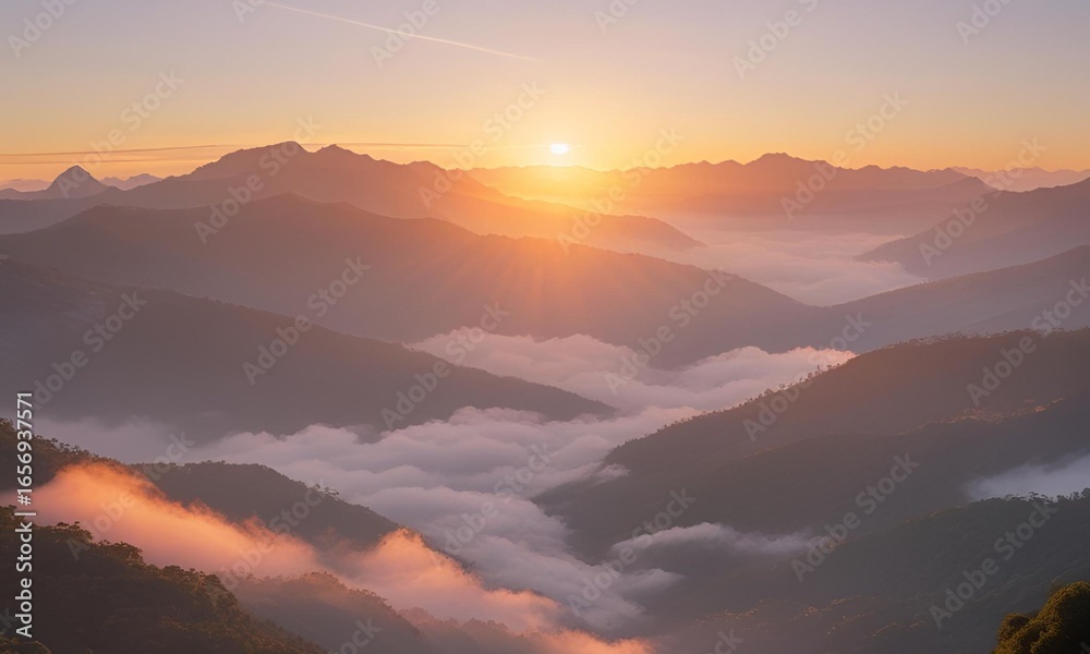 Obraz premium Sunrise Over Mountain Range with Misty Clouds