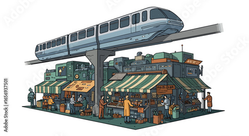 Urban market scene with futuristic train and vendors in detailed flat design
