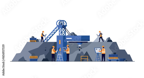 Industrial mining scene with workers and machinery in flat design style
