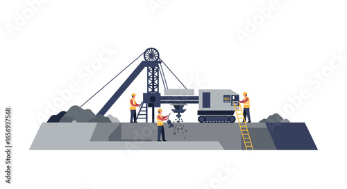Construction site with workers and machinery in flat design