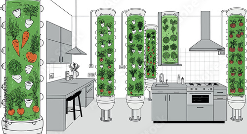 Modern kitchen with vertical indoor gardens featuring fresh vegetables and herbs