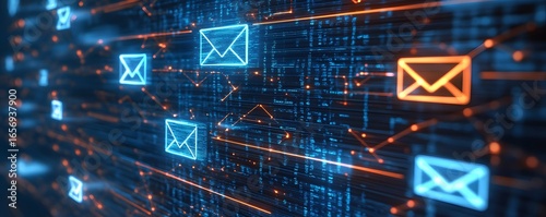 A digital representation of communication, showcasing glowing email icons amidst a backdrop of interconnected data streams, symbolizing the flow of information in the modern world.