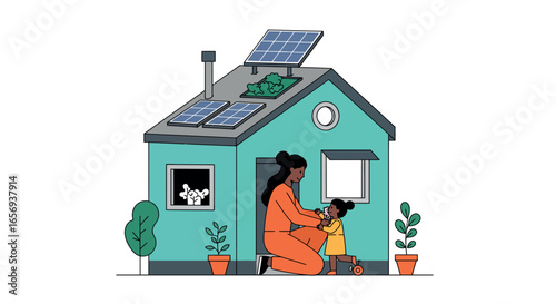 Sustainable living: mother and child outside solar-powered eco-friendly house