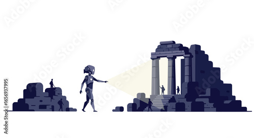 Futuristic robot interacting with ancient ruins in minimalistic style
