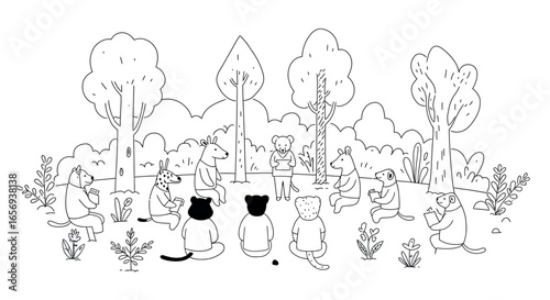 Animals having a storytelling session in a forest setting