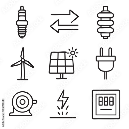 Outlined 3x3 Grid Electricity Symbols in Line Art