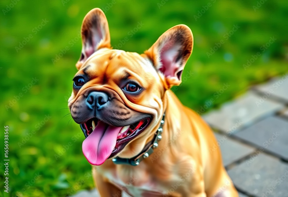 Fototapeta premium Happy fawn French bulldog puppy with silver choke collar, tongue out, paved surface, green background, silver, fawn