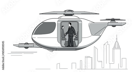 Futuristic helicopter ride with business professionals in a modern cityscape