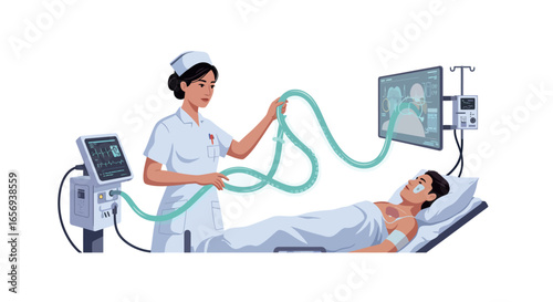 Nurse monitoring patient with medical equipment in hospital room scene
