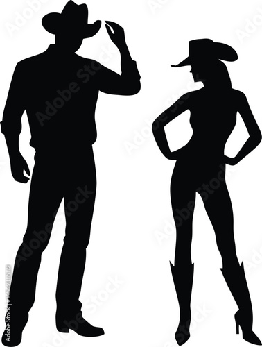 Cowboy Tipping Hat Silhouette Standing Beside Cowgirl in Boots Western Couple Rodeo Wild West Rustic Vector Illustration Icon