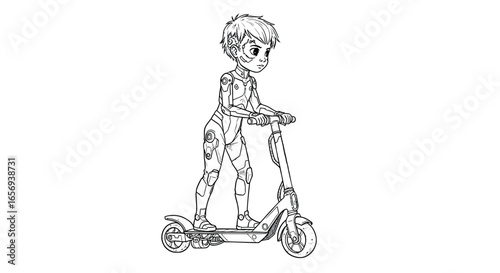 Futuristic cyborg child riding scooter in detailed black and white line art