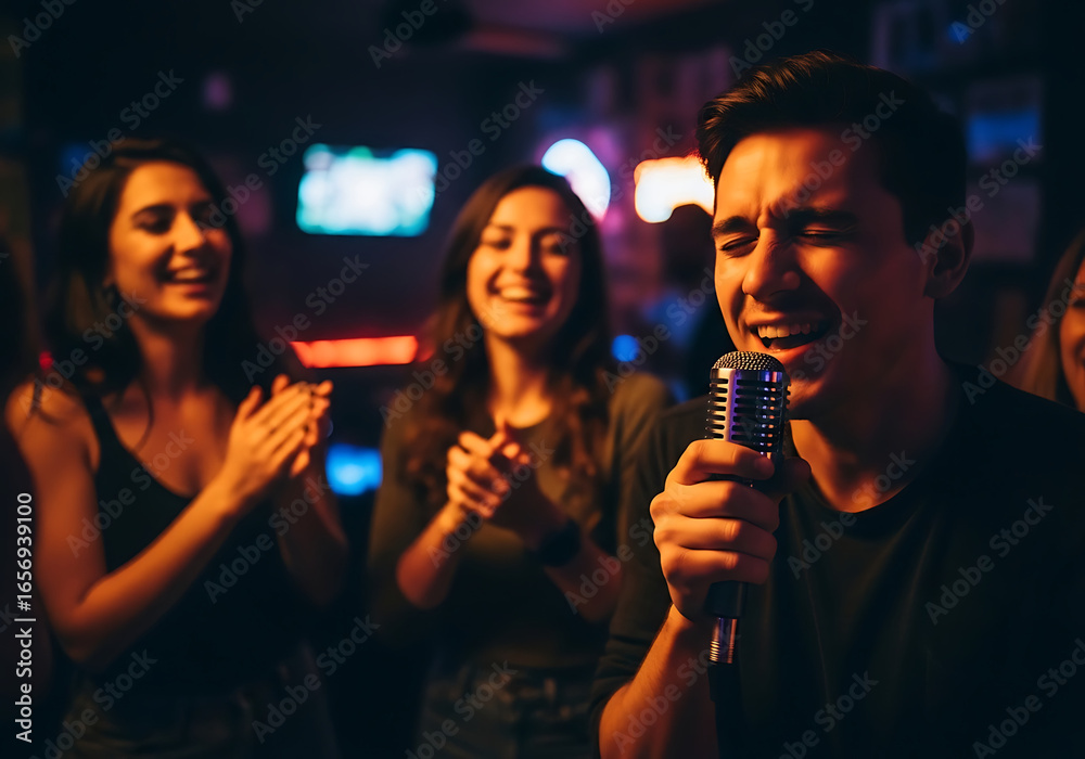Fototapeta premium Friends enjoying karaoke night with laughter and singing into a microphone