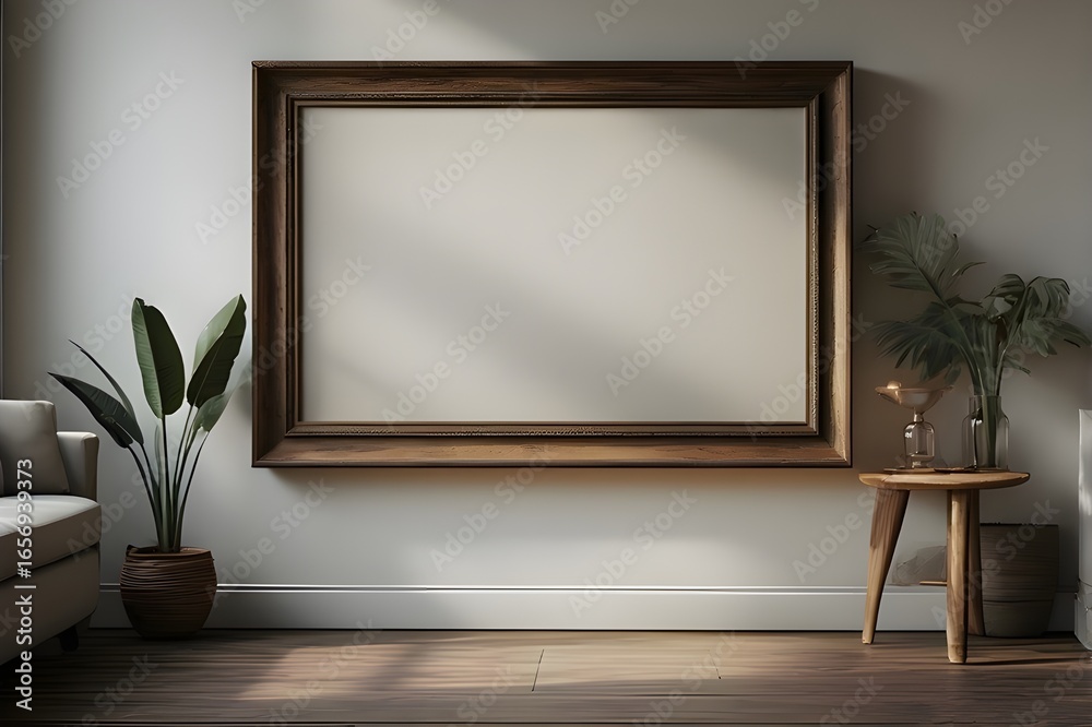 empty room with a frame, an empty painting hanging on a white background, sharp focus, depth of field empty room with a frame, an empty painting hanging on a white background, sharp focus, depth of field