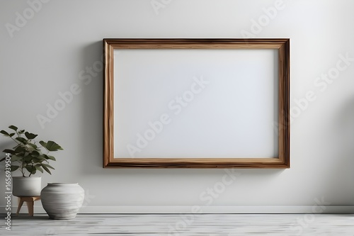 empty room with a frame, an empty painting hanging on a white background, sharp focus, depth of field