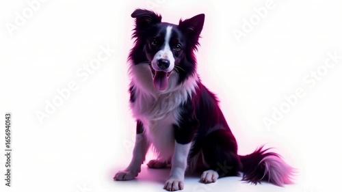 A close-up of a black and white dog sitting on a white surface, looking straight at the camera