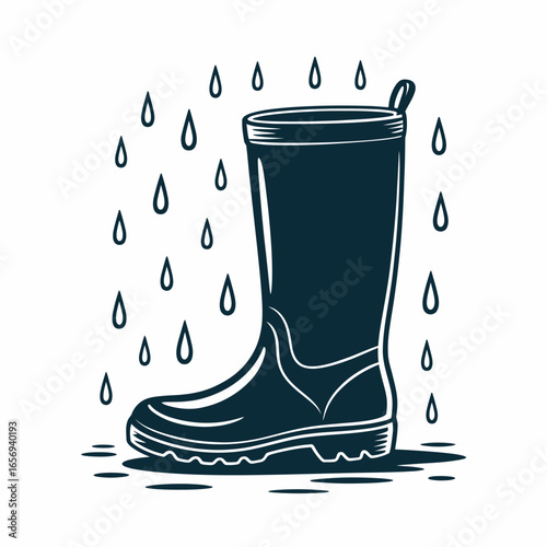 Black rubber rain boot standing in falling raindrops illustration