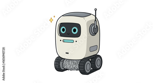 Friendly cartoon robot with sparkling eyes on wheels