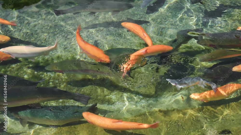 Salmon farming, lots of trout at the trout factory in Sochi Salmon farming, lots of trout at the trout factory in Sochi