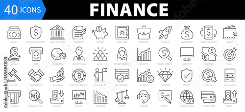 Finance, Money thin line icons set. Editable stroke. Business and financial symbols and signs of bank, gold, cryptocurrency, dollar, handshake, credit, coin. Vector signs