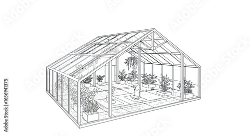 Detailed line art of a greenhouse with potted plants