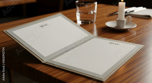 Elegant Restaurant Menu on Wooden Table with Candlelight and Water Glass