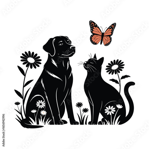 Black dog and cat with orange butterfly and flowers