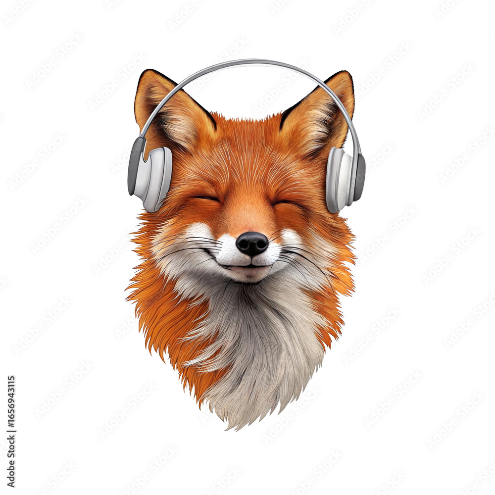Obraz premium Illustration of a Fox Head with Headphones Listening to Music Happily