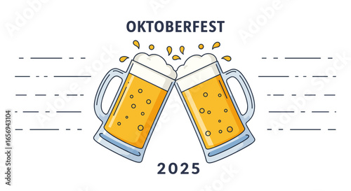 Oktoberfest 2025 vector illustration poster with two frothy beer mugs clinking together svg