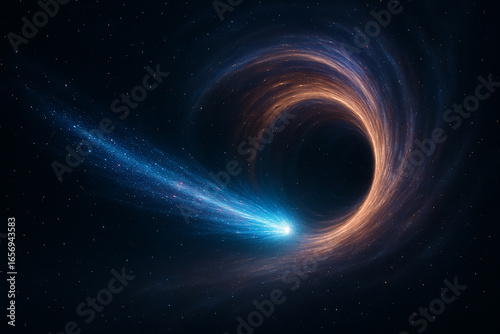 Witness the awe-inspiring power of a celestial vortex, a black hole's gravitational dance with cosmic dust and starlight, creating a breathtaking nebulae spectacle.